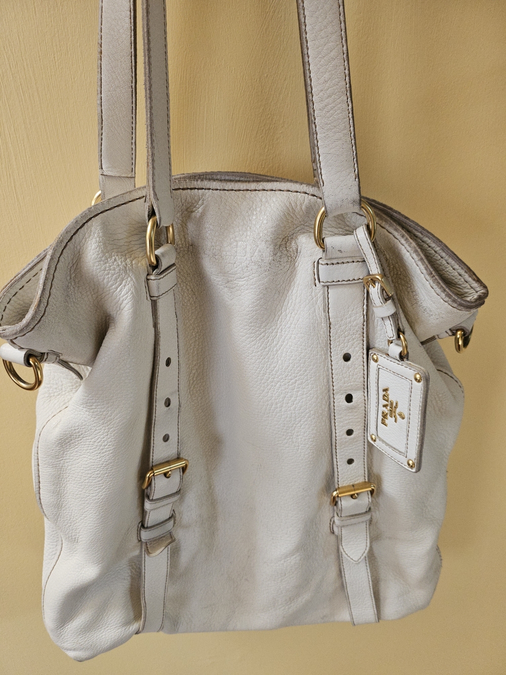 Prada Off-White Leather Shoulder Bag with Gold Hardware